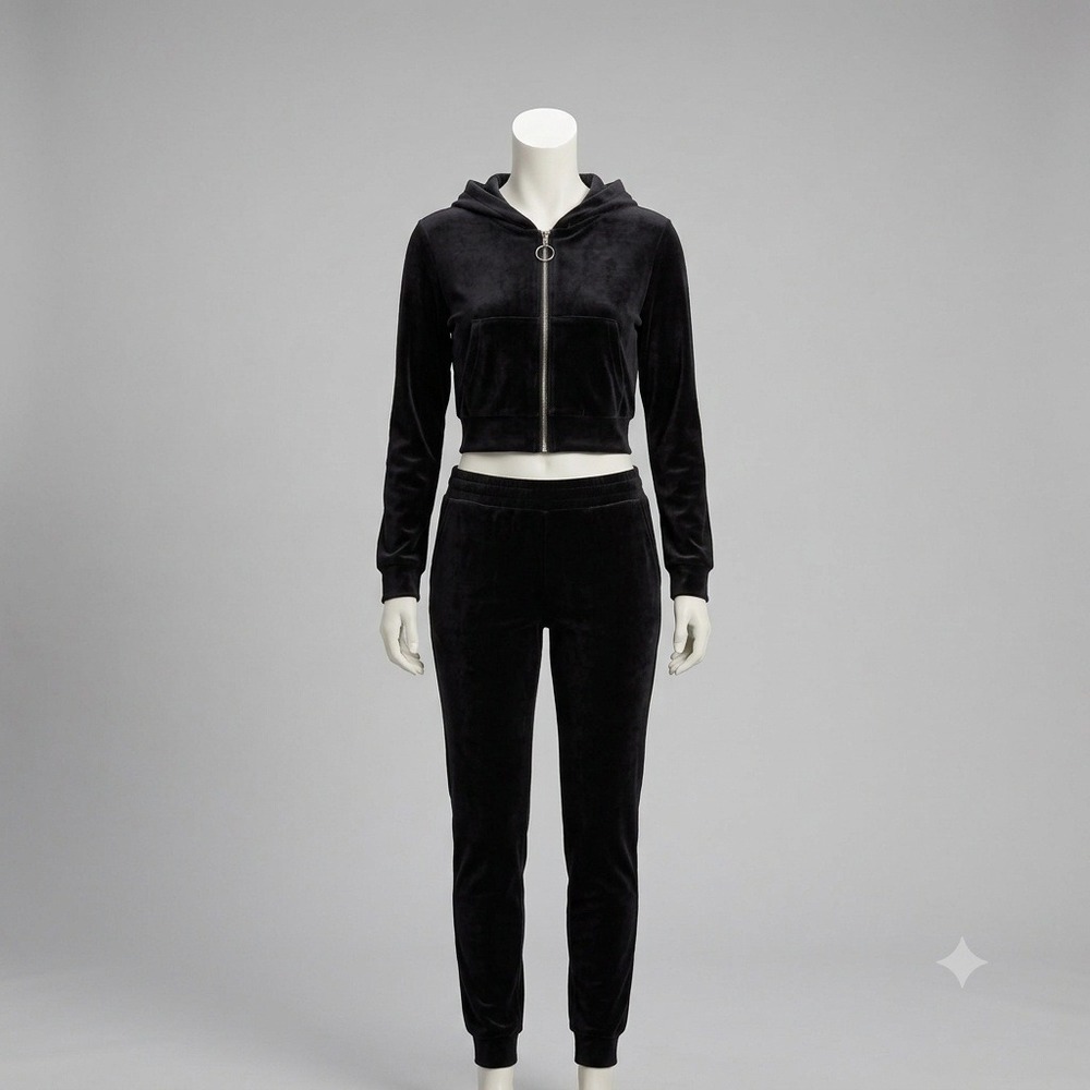 New Mix Womens Black Velour Y2K Tracksuit Cropped Zip Hoodie Joggers Set S/M
